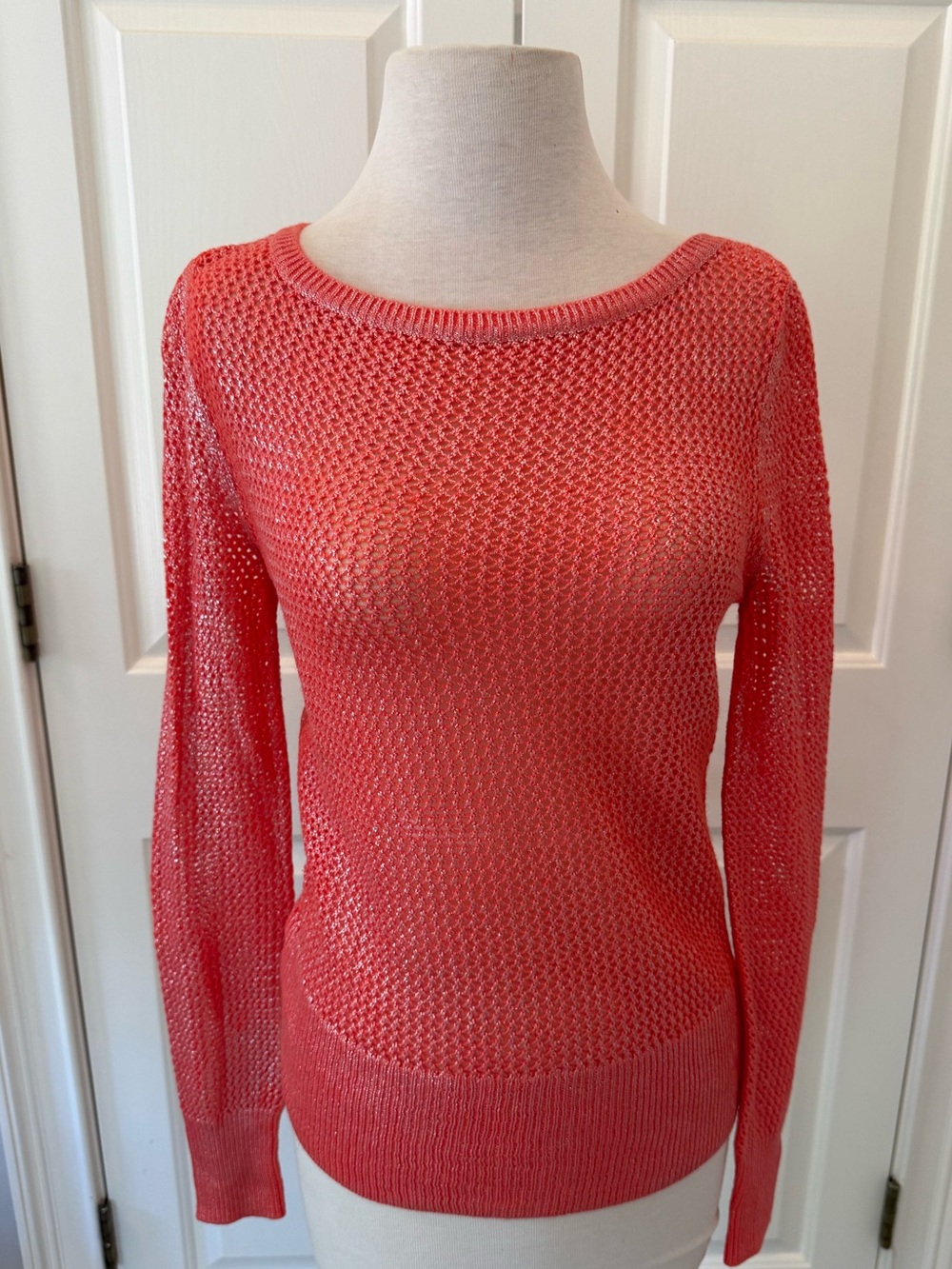 BCBG MazAzria Knit “Chain Mail” Metallic Crew Neck Sweater - Coral